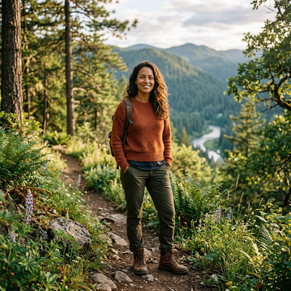 Woman standing on forest trail with backpack smiling