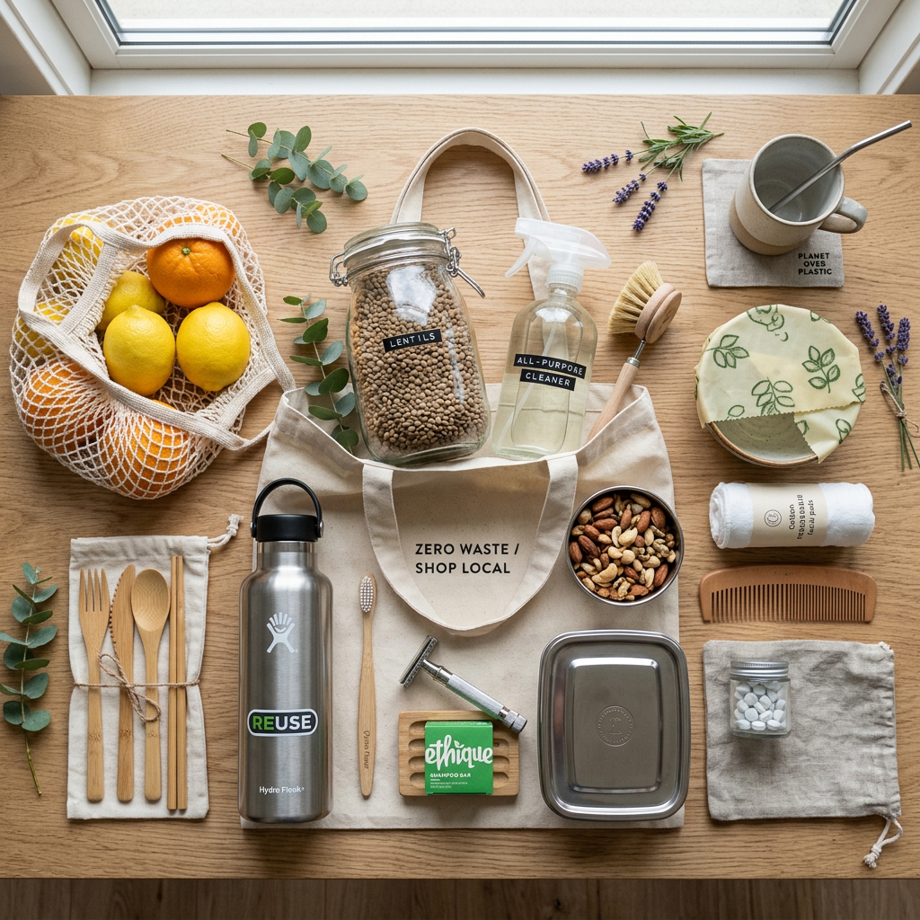 Zero waste items including reusable bag, stainless steel water bottle, wooden utensils, glass jar with lentils, natural cleaning spray, bamboo toothbrush, metal food container, shampoo bar, comb, and cotton rounds.
