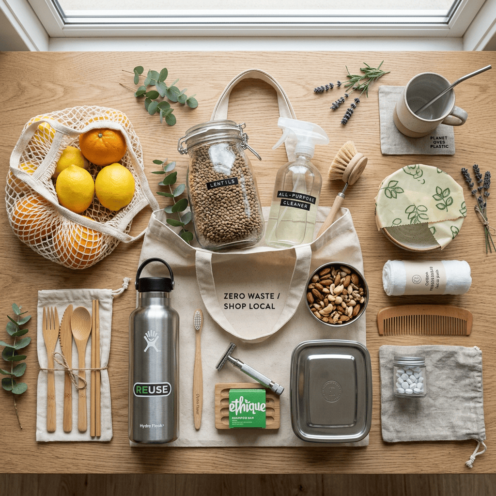 Zero waste items including reusable bag, stainless steel water bottle, wooden utensils, glass jar with lentils, natural cleaning spray, bamboo toothbrush, metal food container, shampoo bar, comb, and cotton rounds.