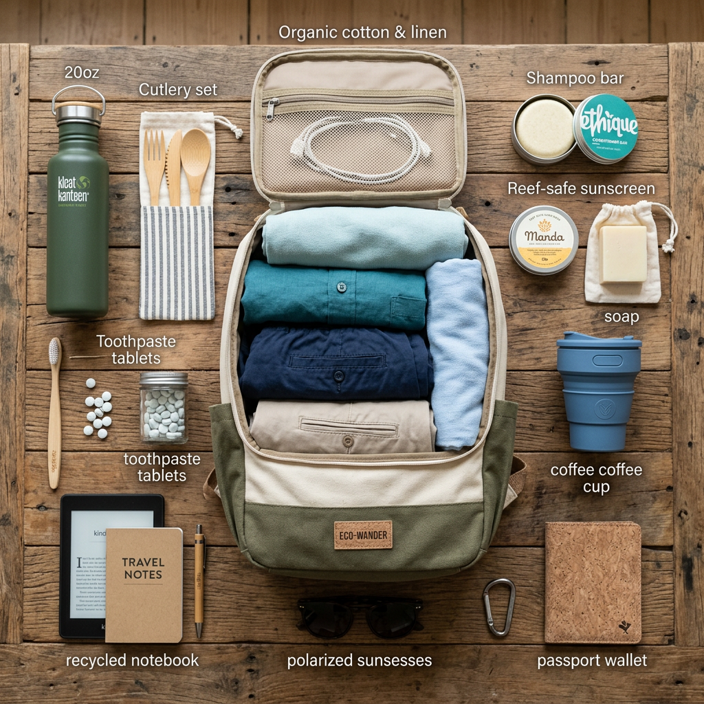 Eco-friendly travel essentials including reusable water bottle, cutlery set, toothpaste tablets, natural sunscreen, shampoo bar, soap, collapsible cup, notebook, sunglasses, and passport wallet around a packed backpack