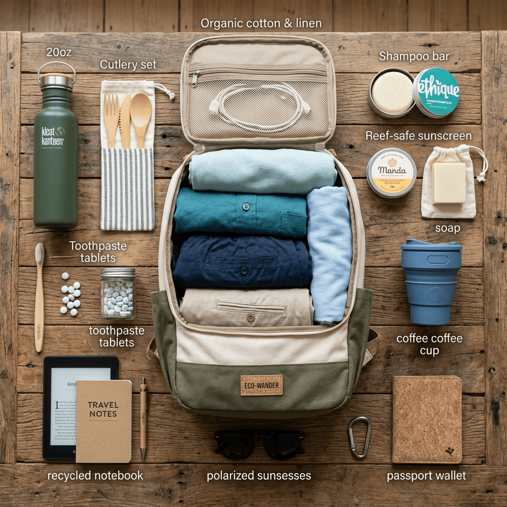 Eco-friendly travel essentials including reusable water bottle, cutlery set, toothpaste tablets, natural sunscreen, shampoo bar, soap, collapsible cup, notebook, sunglasses, and passport wallet around a packed backpack