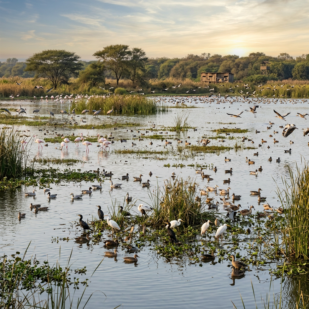 Wetland populated with numerous waterbirds including flamingos, egrets, and ducks, surrounded by trees and vegetation under a warm sunset sky